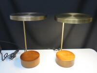 Pair of LED Bedside Table Lamps with USB Charge Point on Wood Base with Brass Lamp. NOTE: 1 requires new filament.