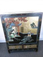 20th Century Japanese Themed Chinoiserie Cabinet, Black Polychrome Lacquered and Gilt Decorated with Two Panelled Doors and Two Drawers. Size H122cm x W92cm x D46cm.