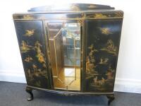 Early 20th Century, 1930's Bowfronted Display Cabinet, Black Lacquer and Gilt Chinoiserie, Decorated with Bevelled Glazed Door with Key) & Two Cupboard Doors. Size H131cm x W126cm x D35cm.