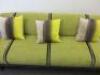 3 Seater Sofa & Armchair, Upholstered in Green & Grey Striped Fabric on Wood Legs with Gold Box Surround. Size H79cm x W190cm xD85cm. Matching Armchair, Size H79cm x W64cm x D85cm. Comes with 4 x Scatterbox Cushions. - 7