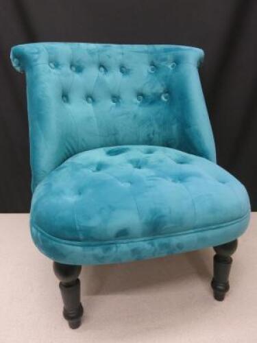 Button Back Turquoise Material Bedroom Chair on Black Wood Legs.