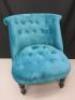 Button Back Turquoise Material Bedroom Chair on Black Wood Legs. - 2