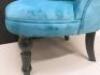 Button Back Turquoise Material Bedroom Chair on Black Wood Legs. - 4