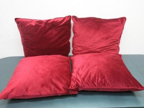 4 x Deep Red Crushed Velour Cushions. Size 58cm x 58cm.