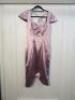 Black Sapote Mayfair Ladies Designer Evening Dress in a Rose Pink Satin Fabric with Tie Back. Size S. RRP &pound;545.00.