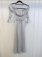 Black Sapote Mayfair Ladies Silver Lurex Ruched Waist Bardot Midi Dress. Size S. RRP £365.