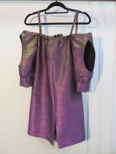 Black Sapote Mayfair Ladies Designer Bardot Cold Shoulder Dress in a Purple/Gold Lurex Material. Size S. RRP &pound;515.00.