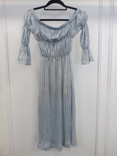 Black Sapote Mayfair Ladies Silver/Blue Lurex Ruched Waist Bardot Midi Dress. Size M. RRP £365.