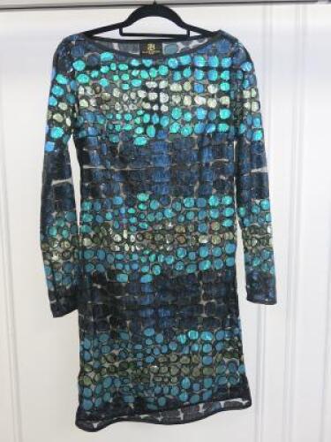Black Sapote Mayfair Ladies Black Evening Dress with Green, Blue & Gold Sequin Detail. Size S. RRP £345.