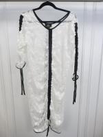 Black Sapote Mayfair White Embroidered Midi Dress with Ruched 3/4 Sleeves & Black Trim Detail. Size S. RRP £275.