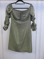 Black Sapote Mayfair ladies Gold Lurex Mini Bardot Dress with Ruched Sleeves. Size M. RRP £475.