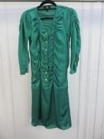 Black Sapote Mayfair Ladies Green Silk Evening Midi Dress wth Ruched Front Detail & Gold Buttons. Size s. RRP £495.
