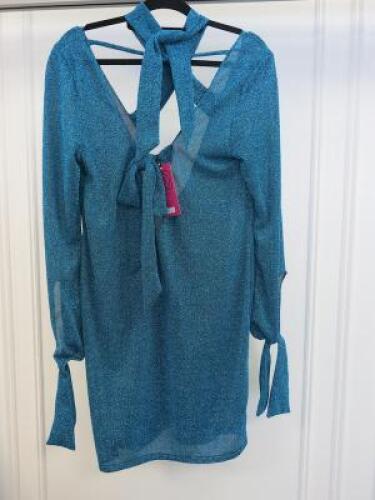 Black Sapote Mayfair Ladies Teal Lurex Long Sleeved Mini Dress with Tie Front & Back. Size S. RRP £325.
