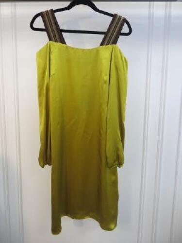 Black Sapote Mayfair Ladies Mustard Satin long Sleeved Bardot Dress with Lurex Striped Straps. Size M. RRP £395.