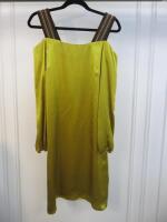 Black Sapote Mayfair Ladies Mustard Satin long Sleeved Bardot Dress with Lurex Striped Straps. Size M. RRP £395.