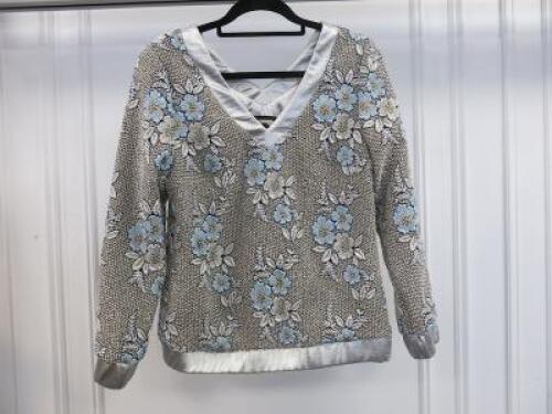 Black Sapote Mayfair Ladies V Neck Silver Embroidered Top with Blue Flower Detail. Size M. RRP £325.