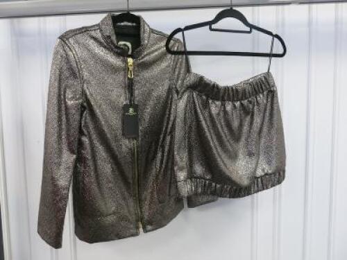 Black Sapote Mayfair Ladies 2 Piece Set to Include: Gold/Black Snake Effect Glitter Jacket with Zip Detail & Matching Elasticated Waist Mini Skirt. Size S. RRP £945.