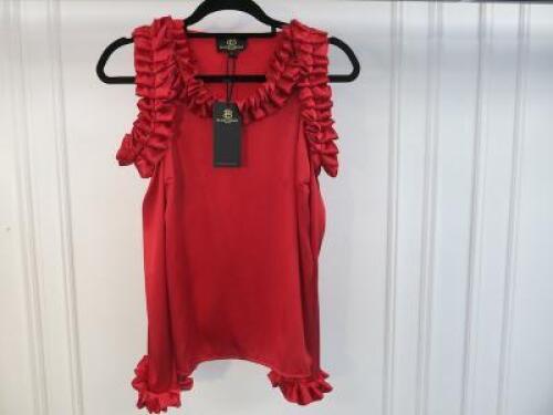 Black Sapote Mayfair Ladies Red Satin Cold Shoulder Ruched Detailed Top. Size M. RRP &pound;265.
