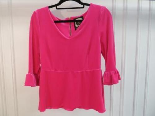 Black Sapote Mayfair Ladies Fluorescent Pink V Neck Frill Sleeved Top. Size S. RRP &pound;240.
