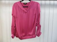 Black Sapote Mayfair Ladies Pink Satin Hooded Top with Ruched Sleeves & Elasticated Waistband. Size S.