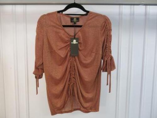 Black Sapote Mayfair Ladies Rose Gold Lurex Ruched Front & Sleeve Top. Size M. RRP &pound;215