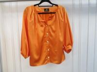 Black Sapote Mayfair Ladies Orange Satin Shirt with Gold/White Buttons. Size M