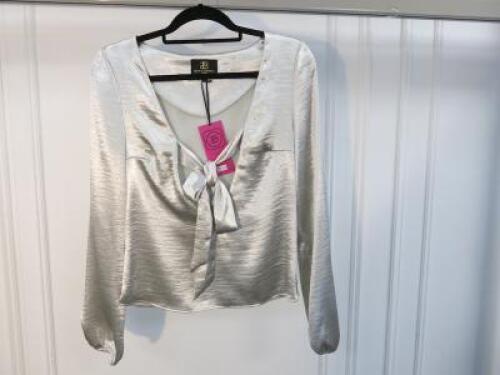 Black Sapote Mayfair Ladies Silver Satin Tie Front Long Sleeved Top. Size S. RRP &pound;243.