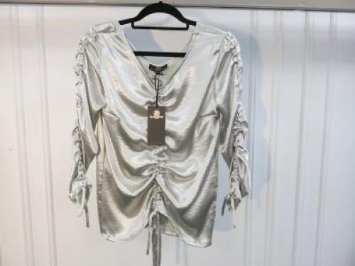 Black Sapote Mayfair Ladies Silver Satin Ruched Front & Sleeve Top. Size S. RRP &pound;262.