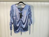 Black Sapote Mayfair Ladies Blue Satin Ruched front & Sleeve Top. Size S. RRP £262.