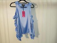 Black Sapote Mayfair Ladies Blue Satin cold Shoulder Ruffle Sleeved Top. Size S. RRP £265.