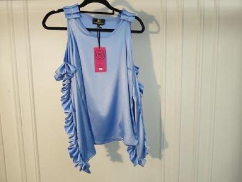 Black Sapote Mayfair Ladies Blue Satin cold Shoulder Ruffle Sleeved Top. Size M. RRP &pound;265.