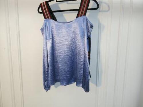 Black Sapote Mayfair Ladies Blue Satin Bardot Top with Belt Detail Straps. Size M. RRP &pound;290.