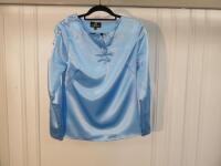 Black Sapote Mayfair Ladies Light Blue Satin Top with Button Detail to Sleeves. Size S.