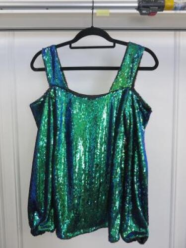 Black Sapote Mayfair Ladies Blue/Green Sequin Long Sleeve Cold Shoulder Top. Size S. RRP &pound;446