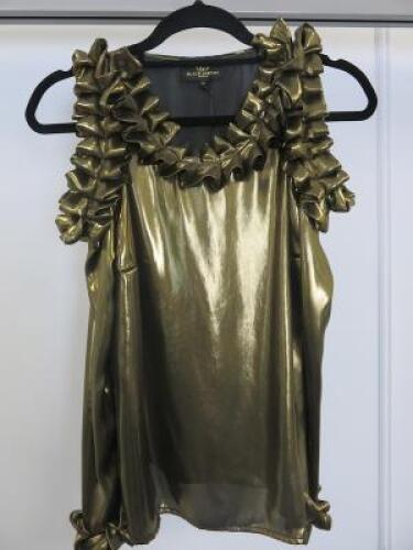 Black Sapote Mayfair Ladies Gold Ruffle Detail Cold Shoulder Long Sleeve Top. Size M.