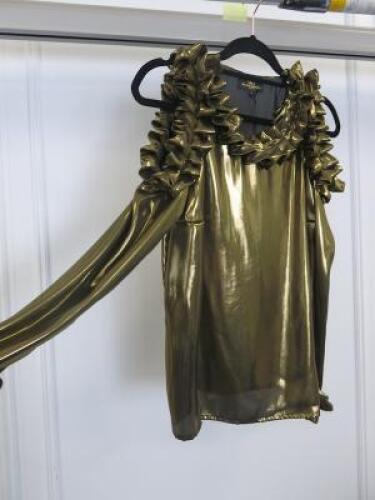Black Sapote Mayfair Ladies Gold Ruffle Detail Cold Shoulder Long Sleeve Top. Size M.