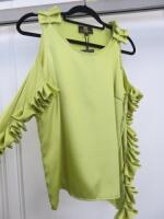 Black Sapote Mayfair Ladies Lime Green Satin Ruffle Detail Top with Cold Shoulder Detail. Size S. RRP £265.