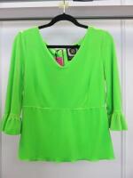 Black Sapote Mayfair Ladies Fluorescent Green Velour V Neck Ruffle Sleeve Top. Size S. RRP £240.