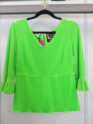 Black Sapote Mayfair Ladies Fluorescent Green Velour V Neck Ruffle Sleeve Top. Size M. RRP &pound;240.