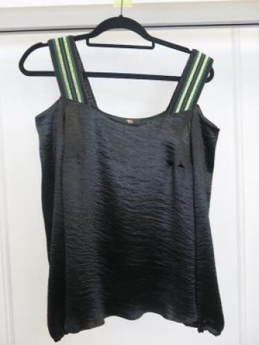 Black Sapote Mayfair Ladies Black Satin Bardot Top with Green/Gold Belt Straps. Size S. RRP &pound;280.