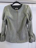 Black Sapote Mayfair Ladies Gold Glitter Collarless Jacket with Puff Sleeves & Front Zip. Size S.