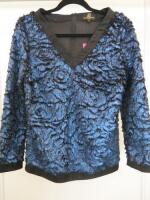 Black Sapote Mayfair Ladies Blue/Black V Neck Textured Jumper with Black Trim. Size S. RRP £265.