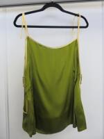 Countess of Frog Designer Ladies Green Satin Bardot Top With Tie Straps & Gold Buckle Detail on the Sleeve. Size S.