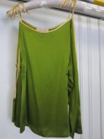 Countess of Frog Designer Ladies Green Satin Bardot Top With Tie Straps & Gold Buckle Detail on the Sleeve. Size S. NOTE - Slight Mark to Front of Top.