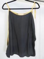 Countess of Frog Designer Ladies Black Satin Bardot Top With Tie Straps & Gold Buckle Detail on the Sleeve. Size S.