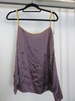 Countess of Frog Designer Ladies Purple Satin Bardot Top With Tie Straps & Gold Buckle Detail on the Sleeve. Size S.
