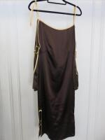 Countess of Frog Designer Ladies Brown Satin Bardot Dress With Tie Straps & Gold Buckle Detail on the Sleeve. Size S.