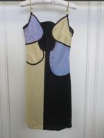 Countess of Frog Designer Ladies Blue/Black/Cream Panelled Dress with Gold Chain Straps. Size S.