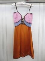 Countess of Frog Designer Ladies Pink/Blue/Orange Panelled Dress with Gold Buckle Detail & Tie Back. Size S.