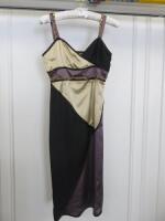 Countess of Frog Designer Ladies Gold/Black/Purple Panelled Dress with Chain Detail to Waist & Straps. Size S.